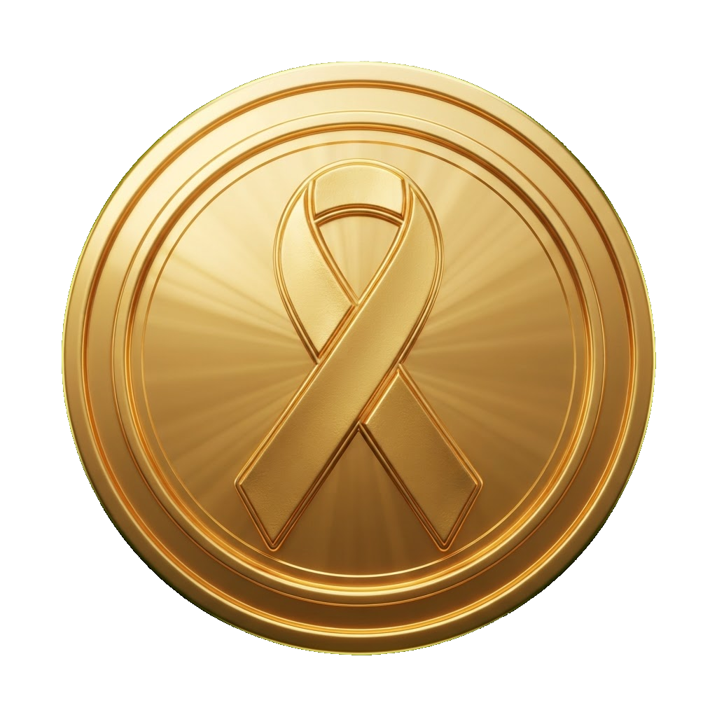 GOLD coin embossed with a childhood cancer awareness ribbon